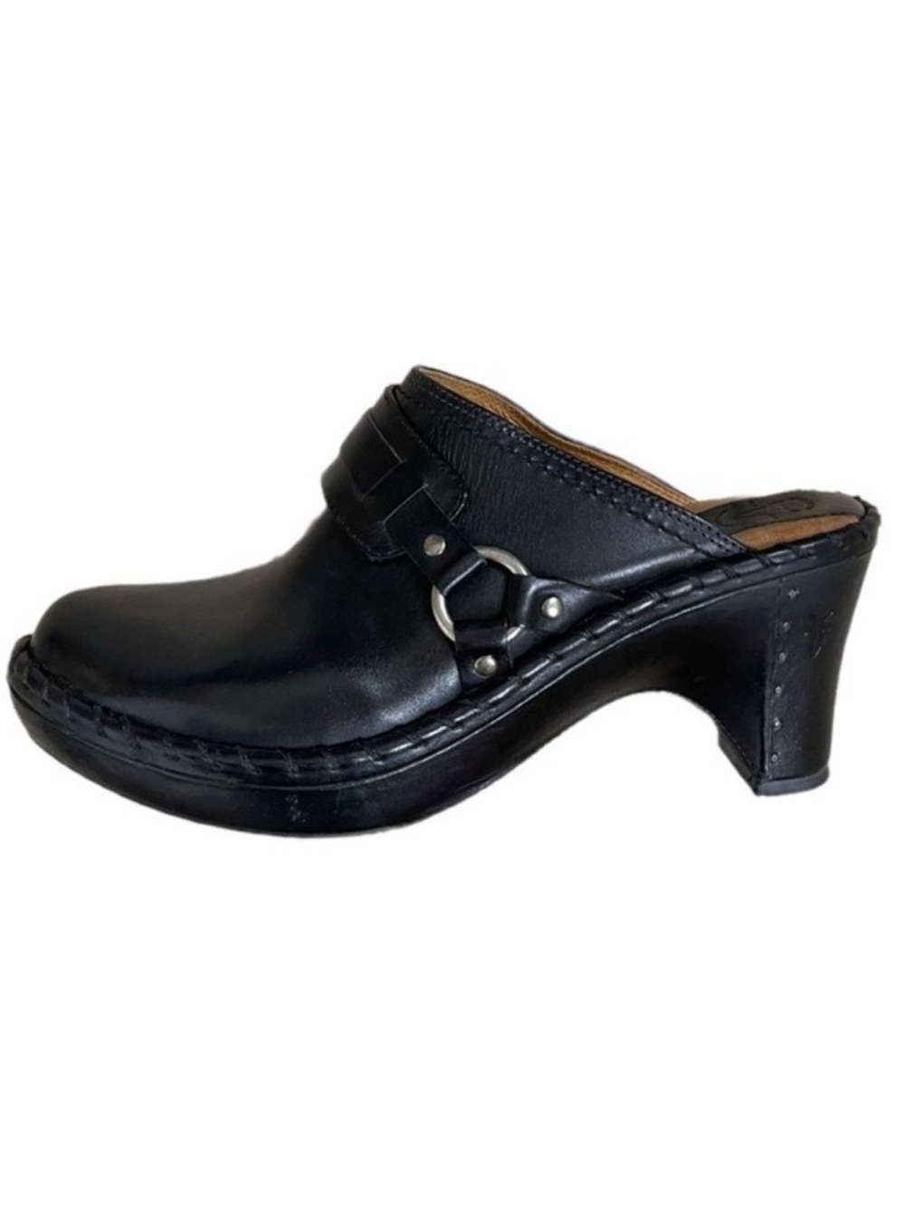 Frye Charlotte Ring Black Leather Harness Heeled Mule Clog Women’s 10